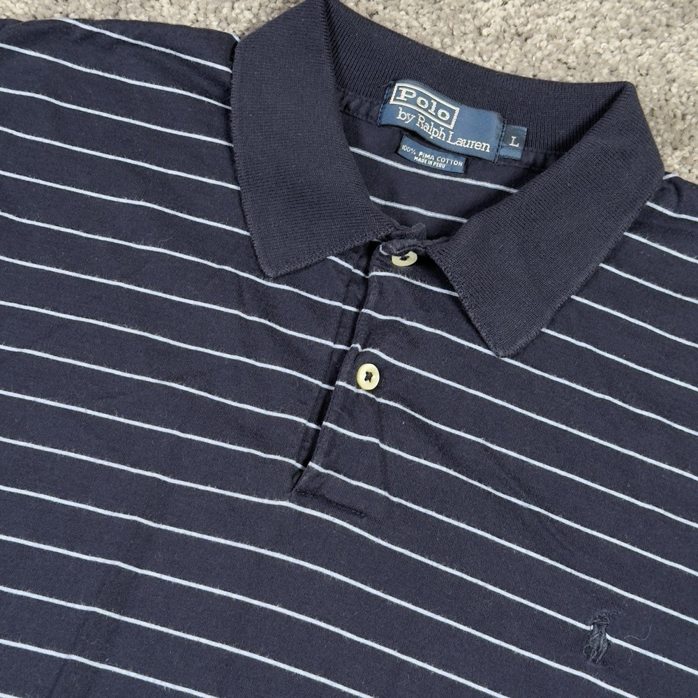 POLO RALPH LAUREN SHIRT Men's Large Navy Blue Striped Golf Short Sleeve Polo
